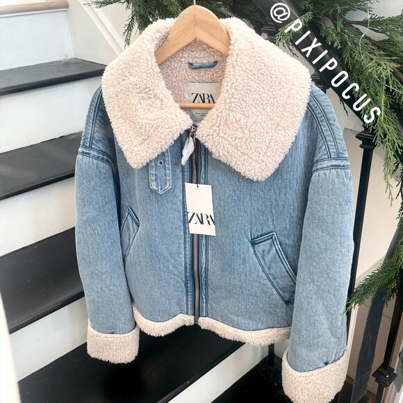 ZARA NEW FAUX SHEARLING BIKER JACKET MOTO DENIM BLUE M MEDIUM 3548/250 - Picture 15 of 16